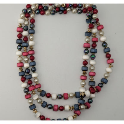 Retro Americana Vintage Japan Multi Strand Red White Blue Beaded Necklace