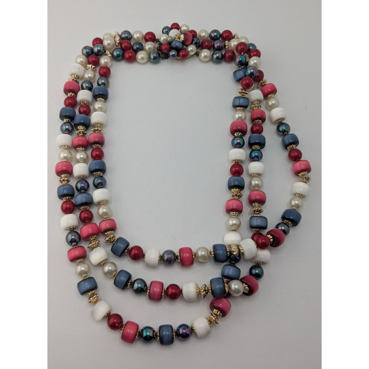 Retro Americana Vintage Japan Multi Strand Red White Blue Beaded Necklace