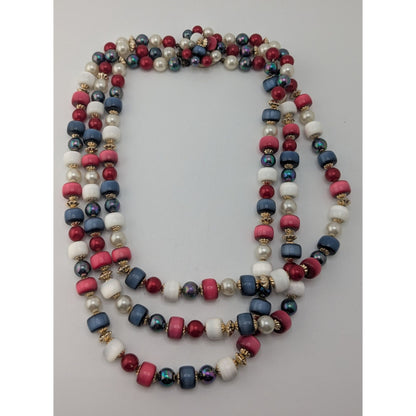 Retro Americana Vintage Japan Multi Strand Red White Blue Beaded Necklace