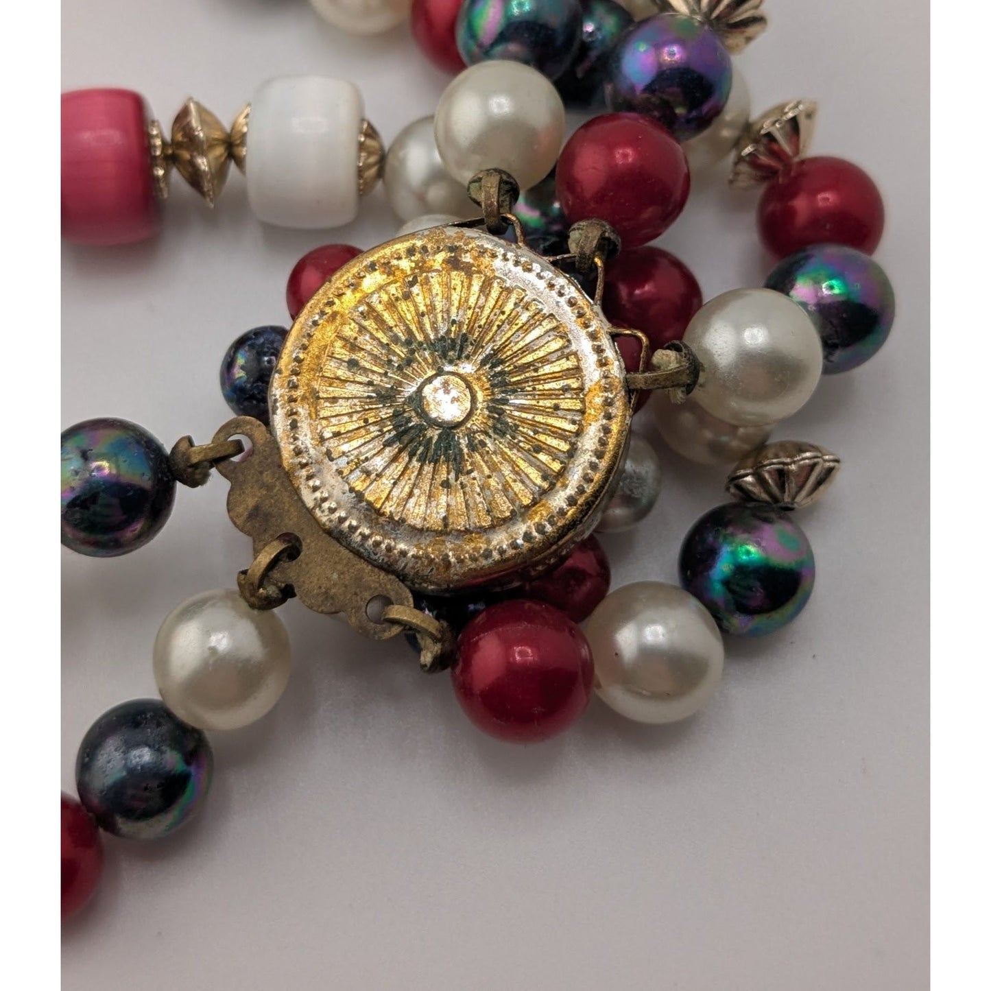 Retro Americana Vintage Japan Multi Strand Red White Blue Beaded Necklace