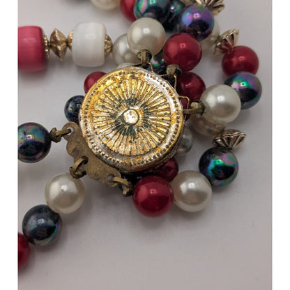 Retro Americana Vintage Japan Multi Strand Red White Blue Beaded Necklace