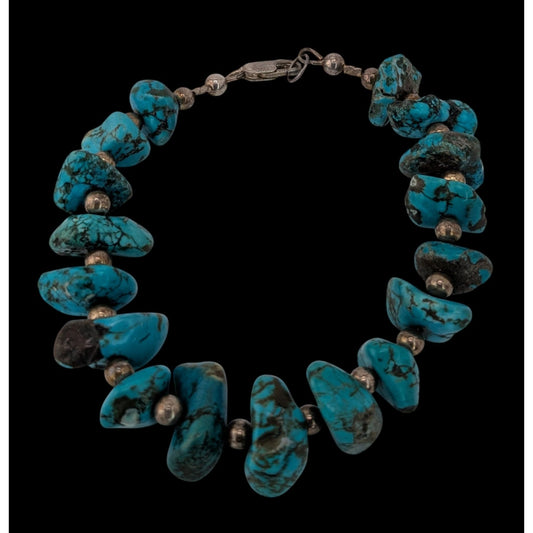 Vintage Handmade Turquoise & Sterling Silver Bracelet With Lobster Clasp