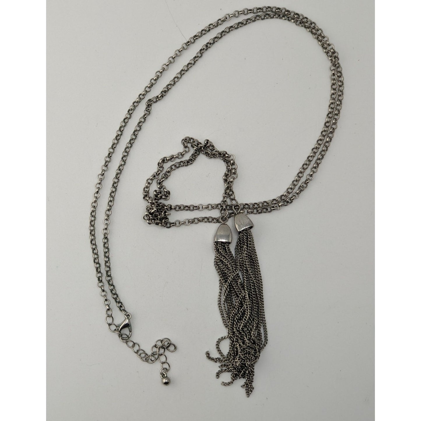 Boho Silver Tone Chain Tassel Lariat Necklace Long Fringe Y Drop Statement Jewelry