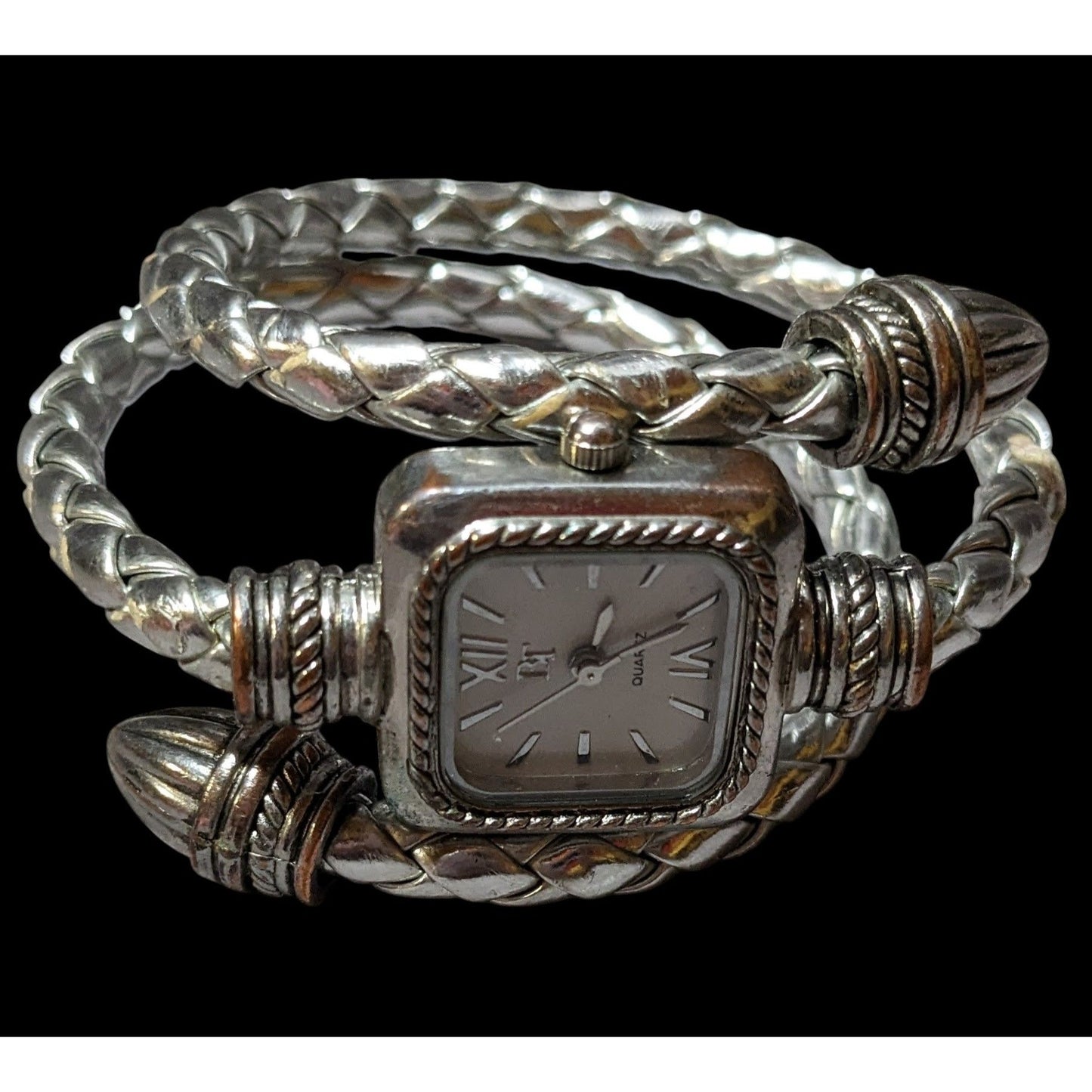 BT Silver Leather Braided Coil Wrap Bracelet Watch