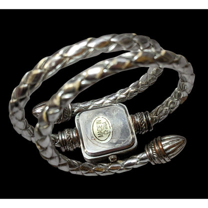 BT Silver Leather Braided Coil Wrap Bracelet Watch