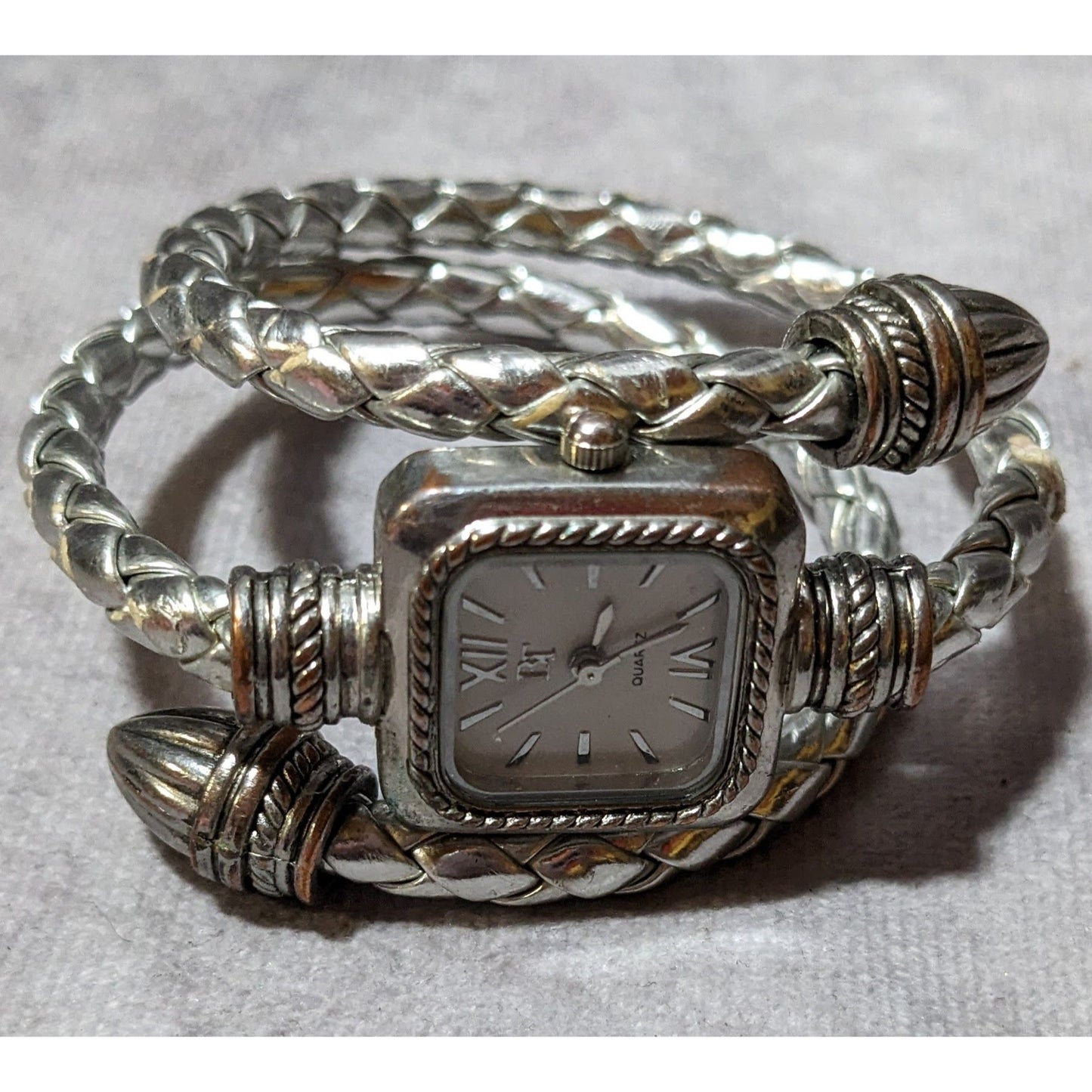 BT Silver Leather Braided Coil Wrap Bracelet Watch