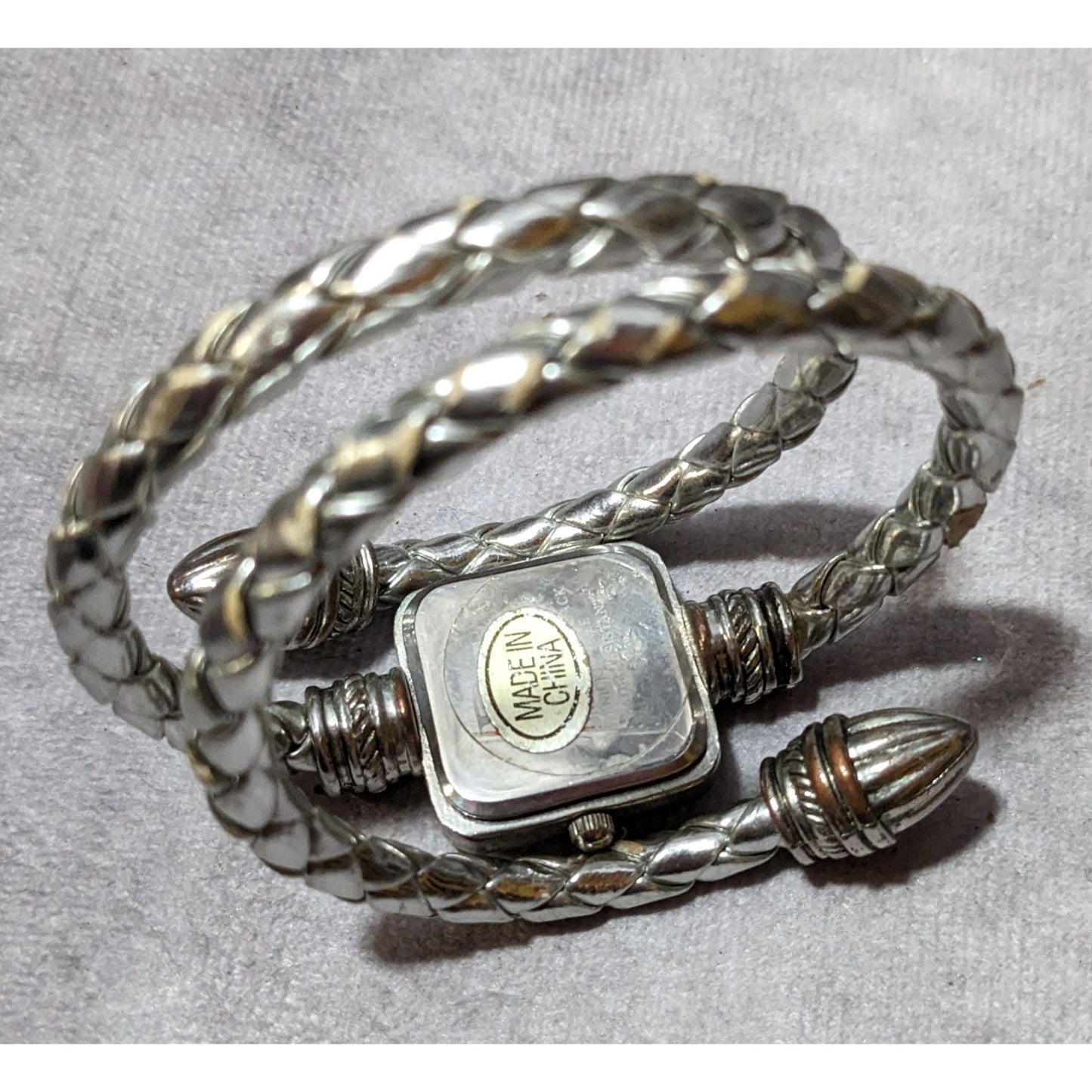 BT Silver Leather Braided Coil Wrap Bracelet Watch