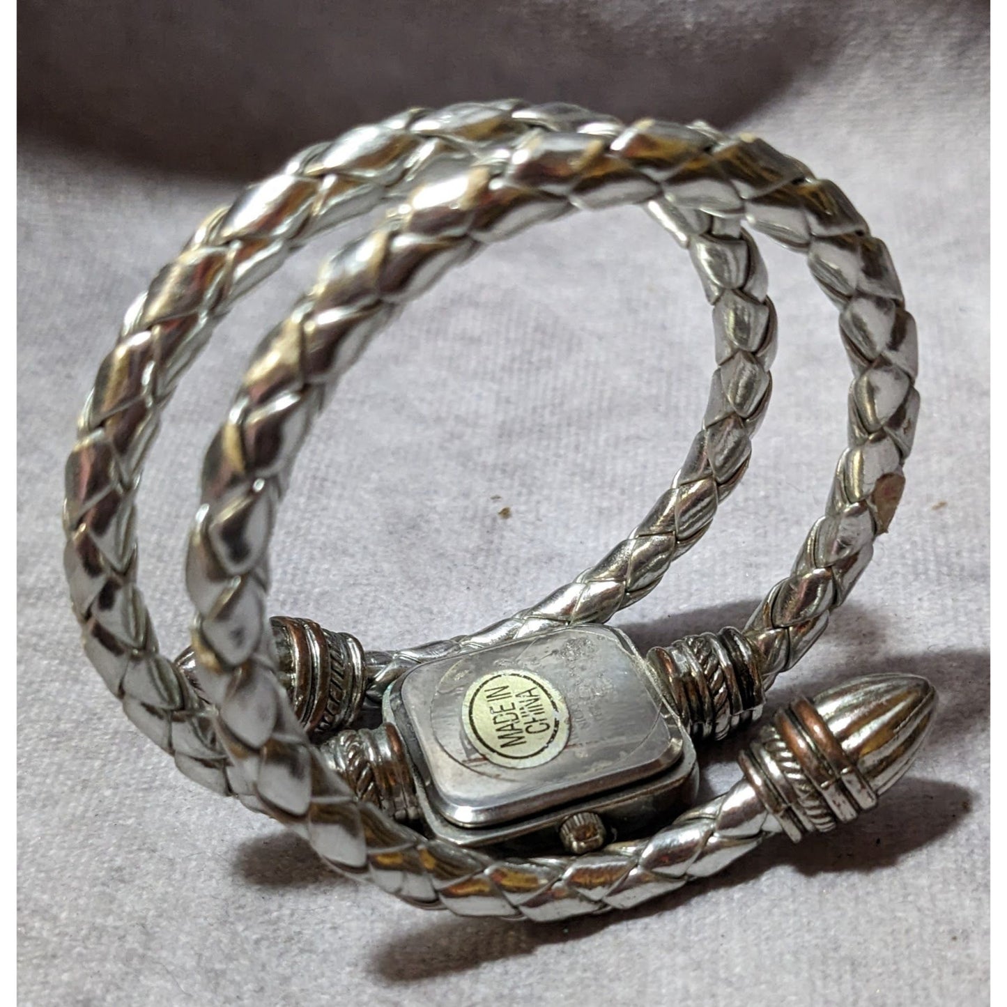 BT Silver Leather Braided Coil Wrap Bracelet Watch