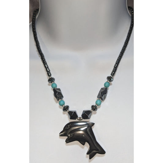Hematite Dolphin Pendant Necklace Black Beaded Statement Necklace Ocean Coastal Jewelry