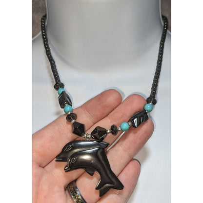Hematite Dolphin Pendant Necklace Black Beaded Statement Necklace Ocean Coastal Jewelry