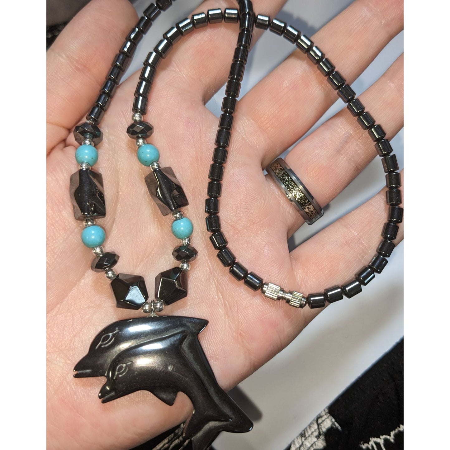 Hematite Dolphin Pendant Necklace Black Beaded Statement Necklace Ocean Coastal Jewelry