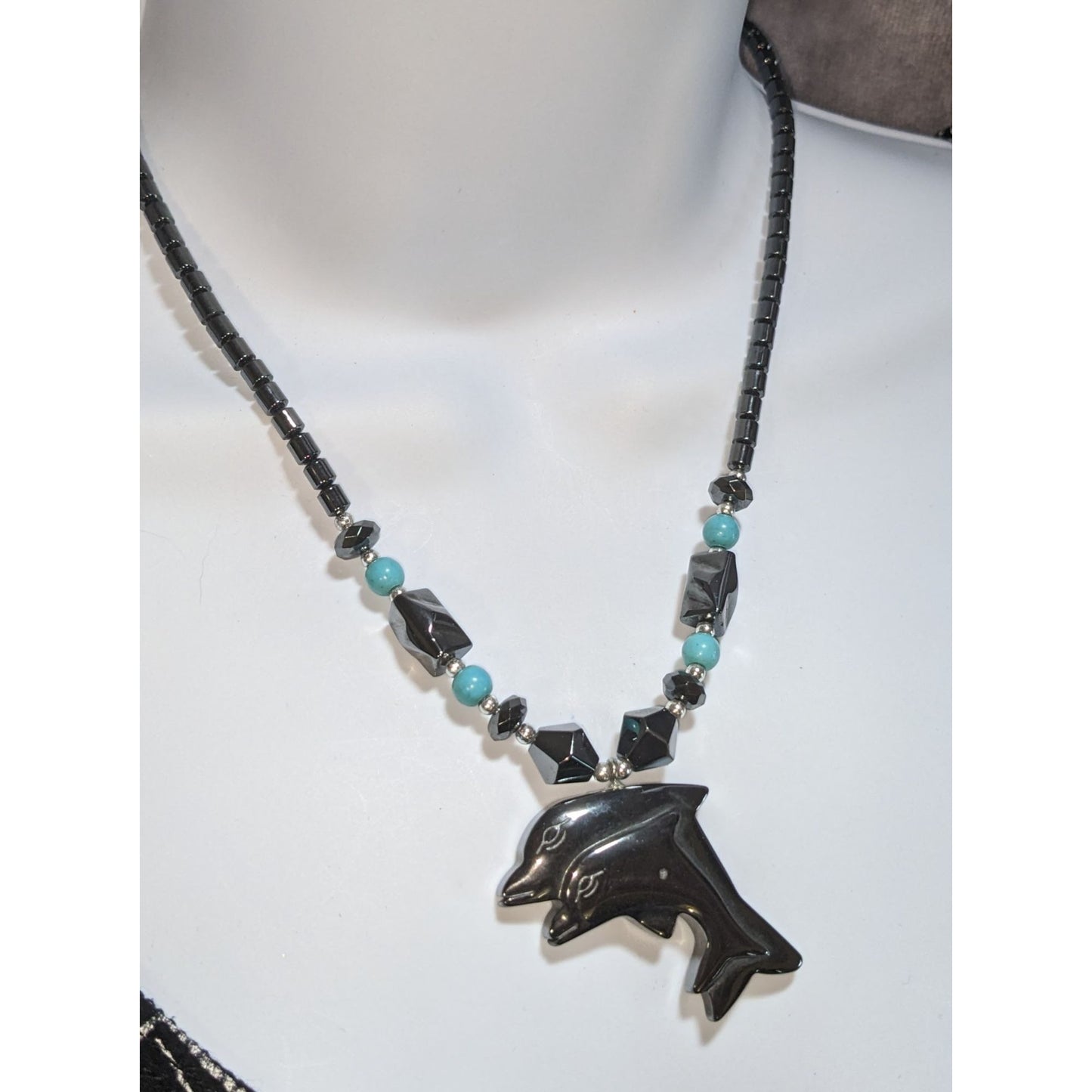 Hematite Dolphin Pendant Necklace Black Beaded Statement Necklace Ocean Coastal Jewelry