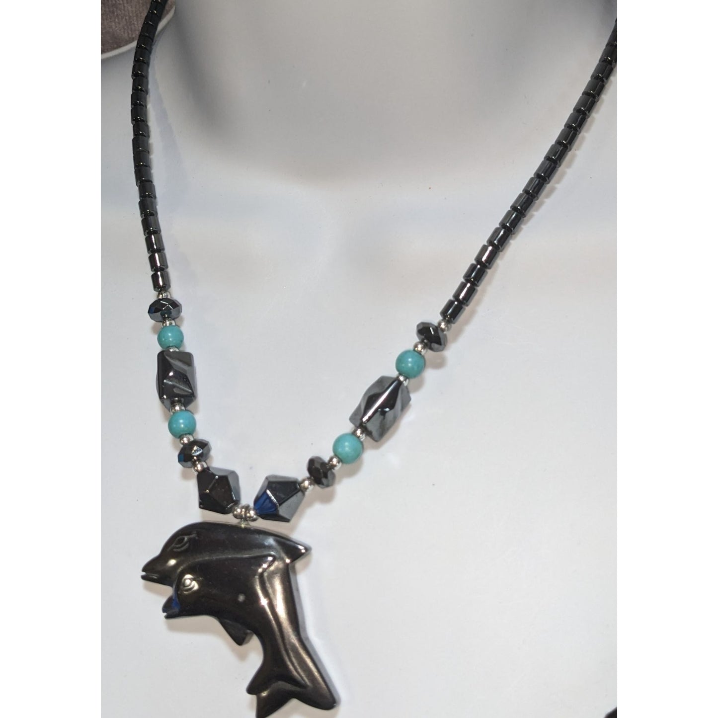 Hematite Dolphin Pendant Necklace Black Beaded Statement Necklace Ocean Coastal Jewelry
