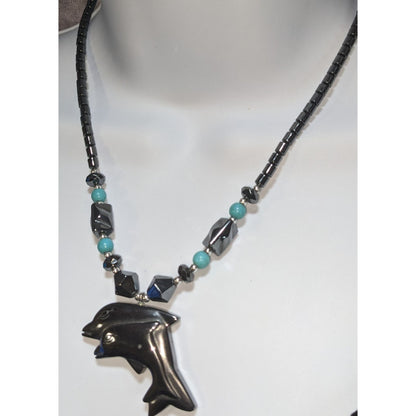 Hematite Dolphin Pendant Necklace Black Beaded Statement Necklace Ocean Coastal Jewelry