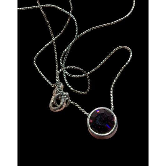 Elegant Silver Tone Necklace With Round Purple Gemstone Pendant