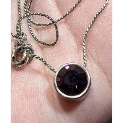 Elegant Silver Tone Necklace With Round Purple Gemstone Pendant