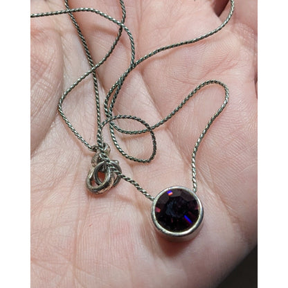 Elegant Silver Tone Necklace With Round Purple Gemstone Pendant