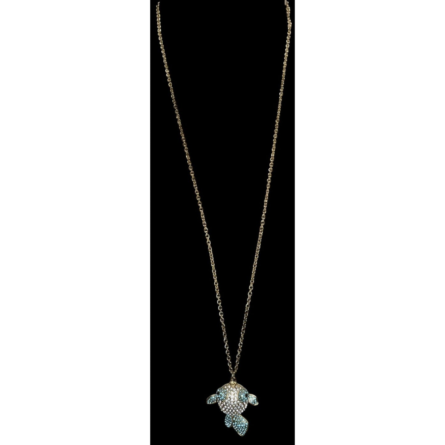 Y2K Coastal Whimsy Rhinestone Puffed Goldfish Pendant Necklace Gold Tone