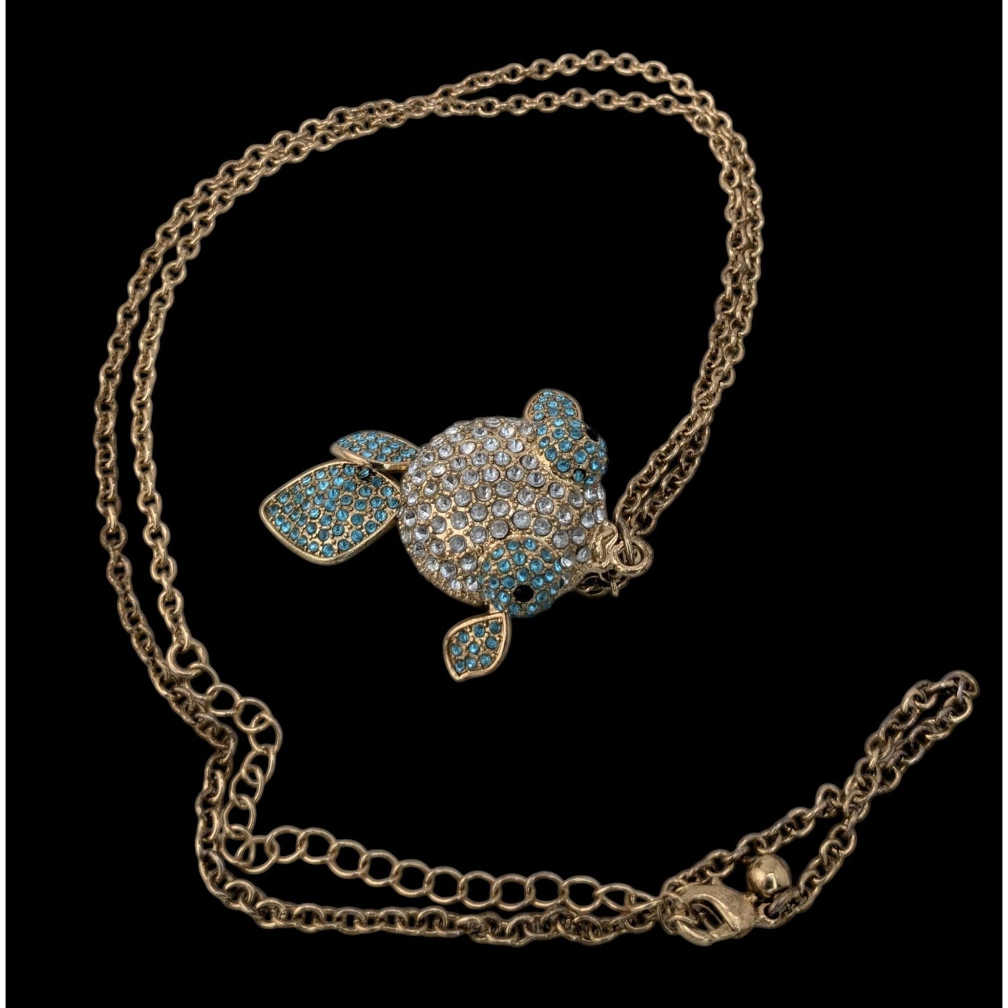 Y2K Coastal Whimsy Rhinestone Puffed Goldfish Pendant Necklace Gold Tone