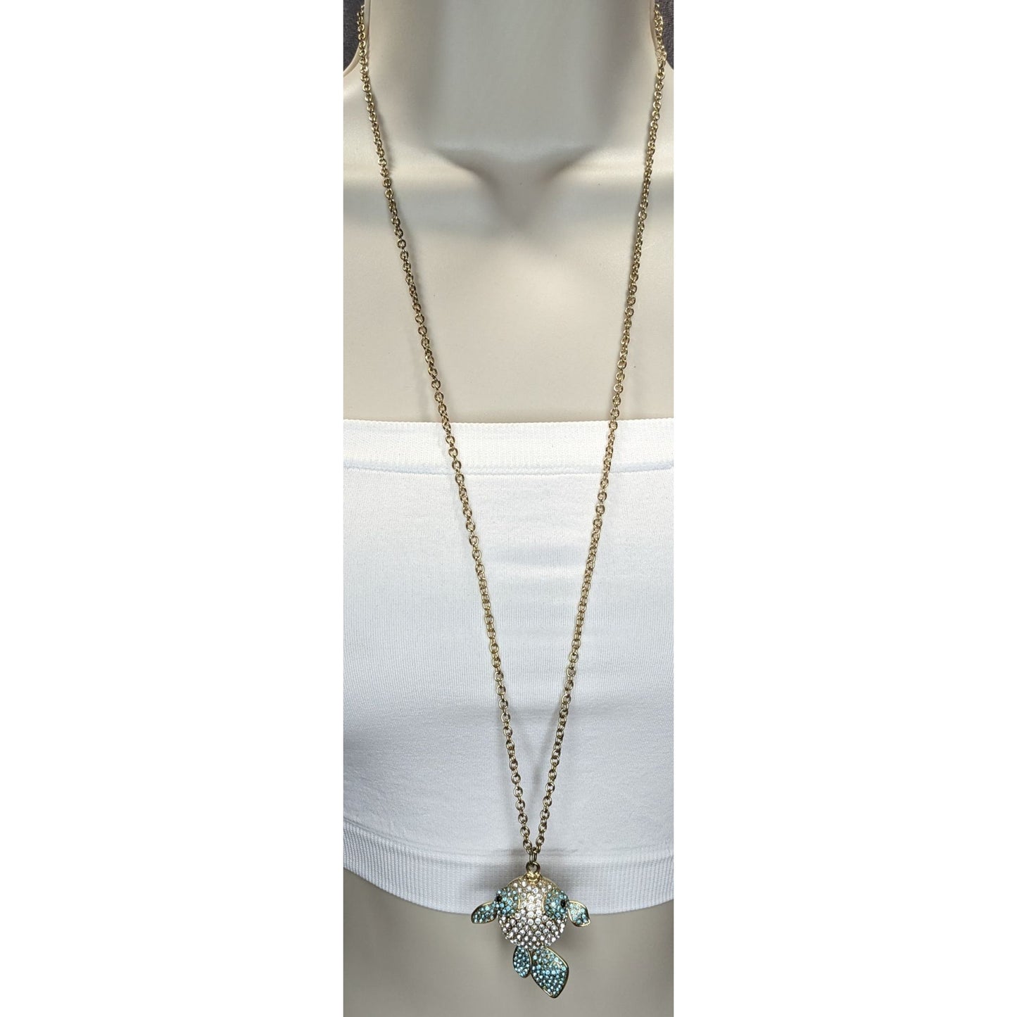 Y2K Coastal Whimsy Rhinestone Puffed Goldfish Pendant Necklace Gold Tone