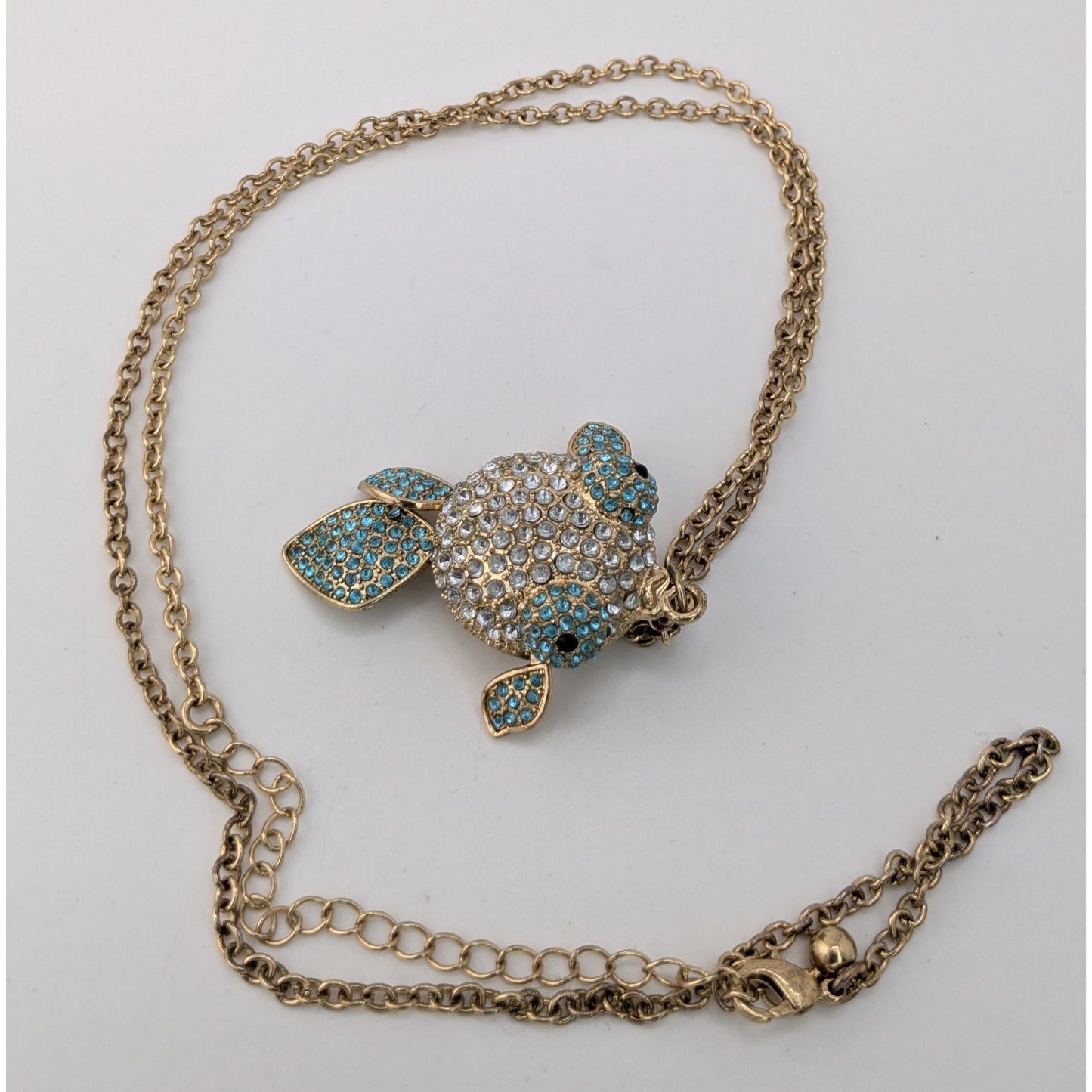 Y2K Coastal Whimsy Rhinestone Puffed Goldfish Pendant Necklace Gold Tone
