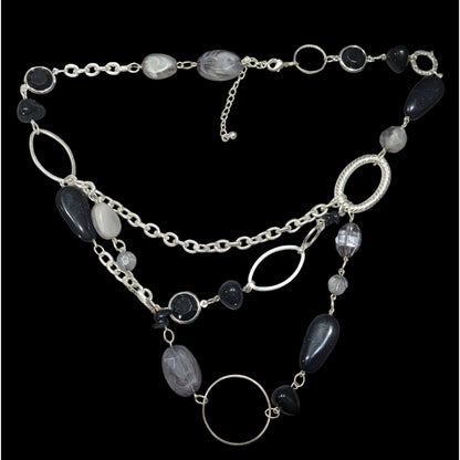 Black And Grey Beaded Layered Chain Necklace