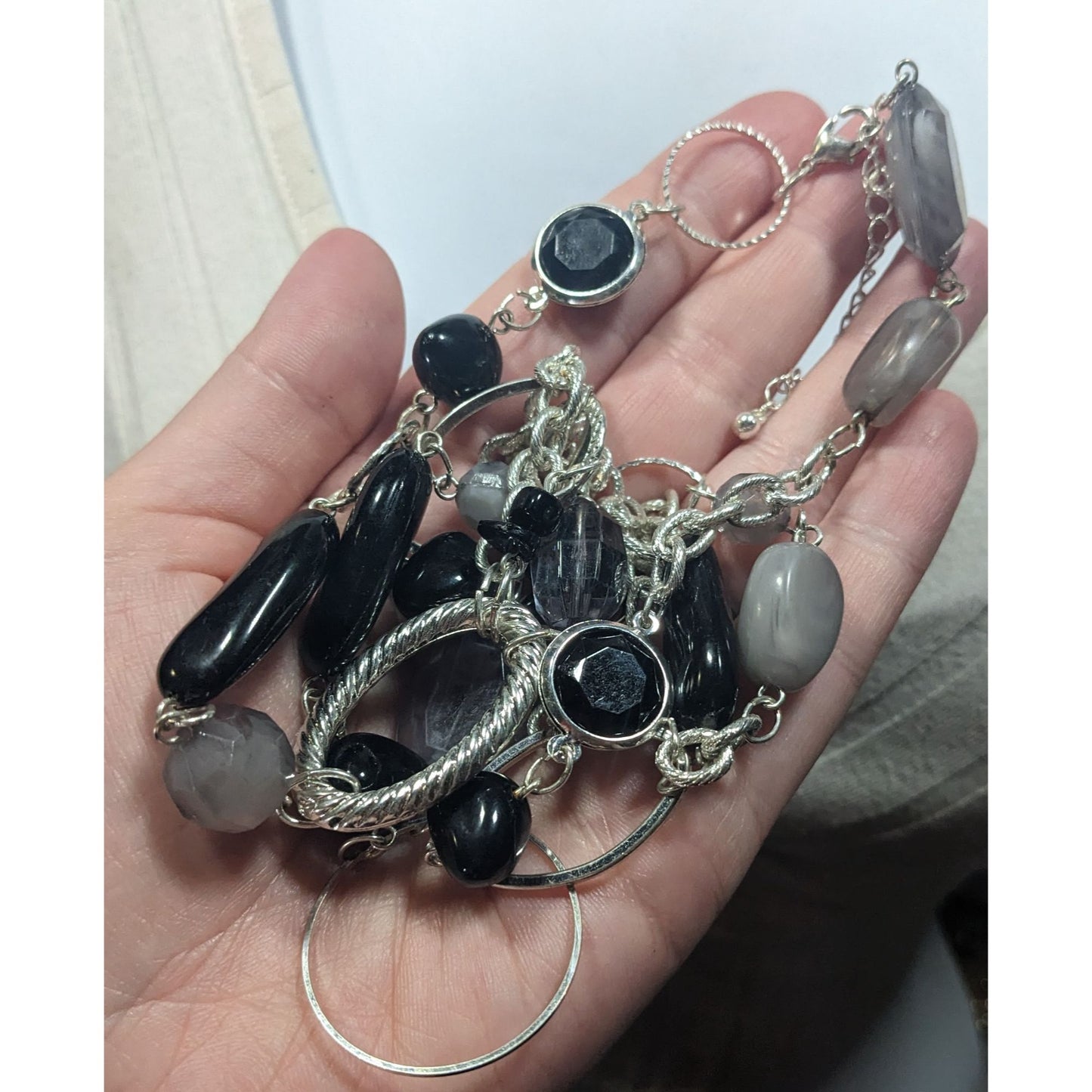 Black And Grey Beaded Layered Chain Necklace
