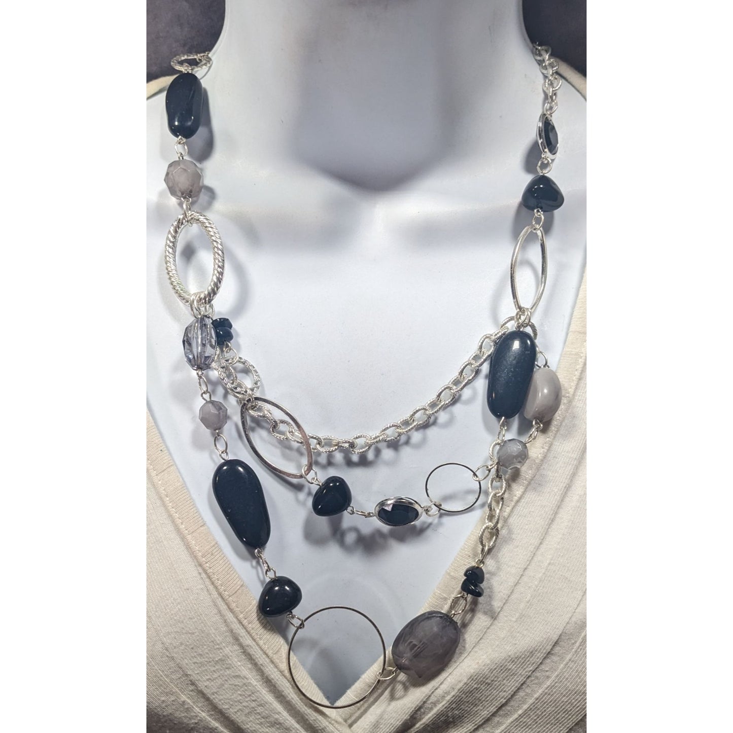 Black And Grey Beaded Layered Chain Necklace