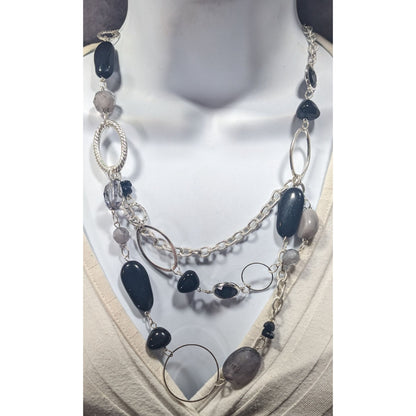 Black And Grey Beaded Layered Chain Necklace