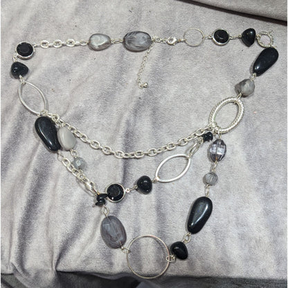 Black And Grey Beaded Layered Chain Necklace