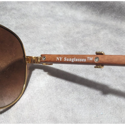 NY Sunglasses Gold And Wood Look Aviator Sunglasses