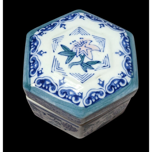 Vintage Floral Blue And White Hexagonal Ceramic Trinket Box