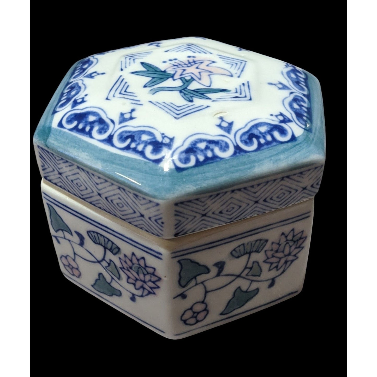 Vintage Floral Blue And White Hexagonal Ceramic Trinket Box