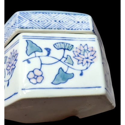 Vintage Floral Blue And White Hexagonal Ceramic Trinket Box