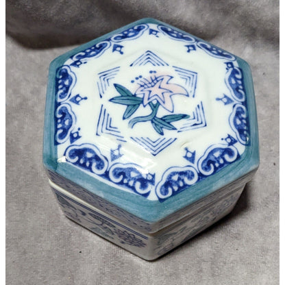 Vintage Floral Blue And White Hexagonal Ceramic Trinket Box