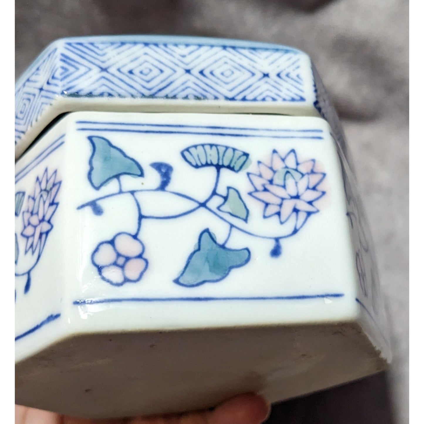 Vintage Floral Blue And White Hexagonal Ceramic Trinket Box