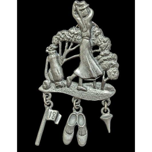 Vintage Sporty Lady Golfing Pewter Brooch Signed LCD