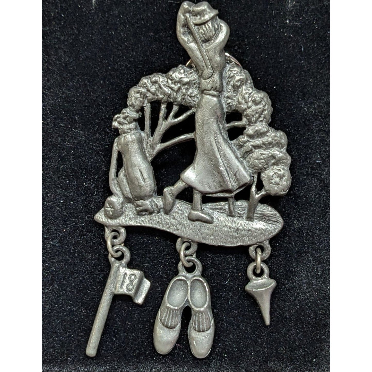 Vintage Sporty Lady Golfing Pewter Brooch Signed LCD