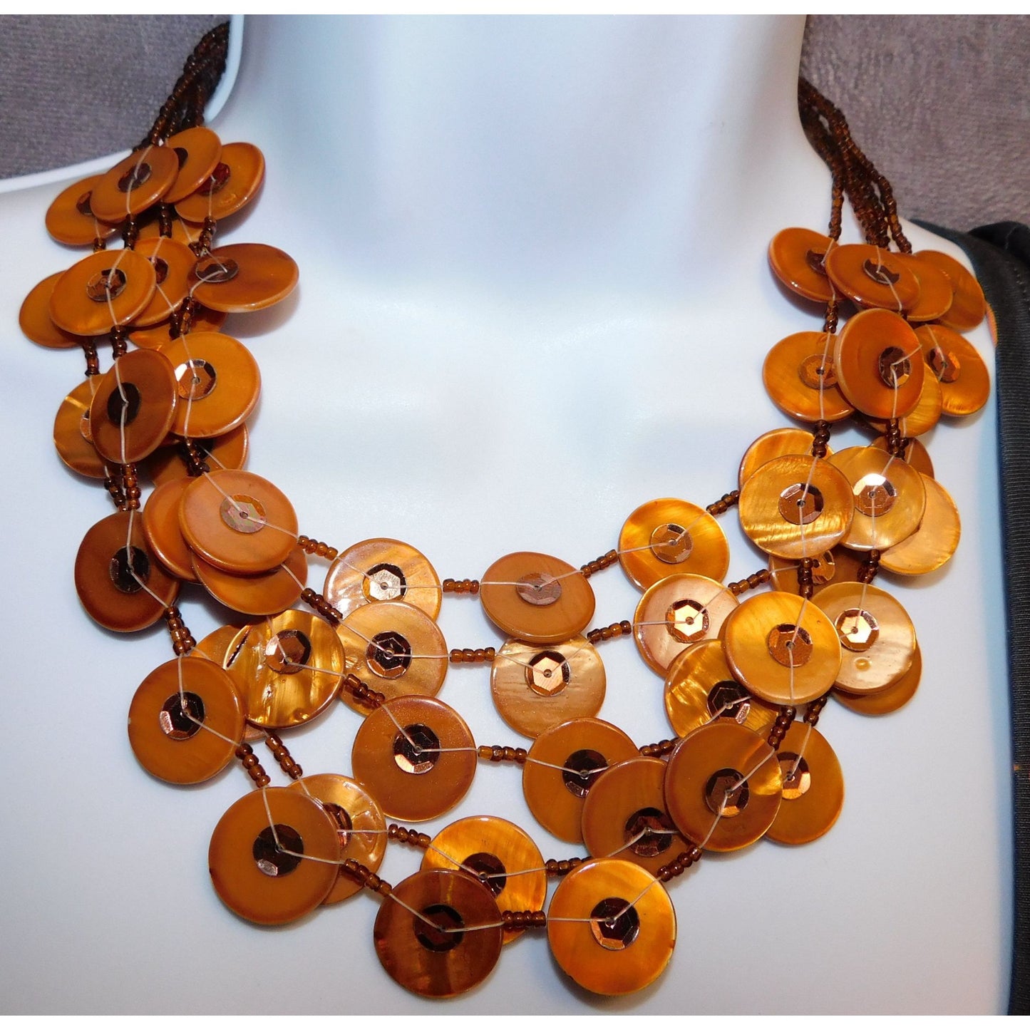 Vintage Bronze Tone Shell Disc Layered Necklace