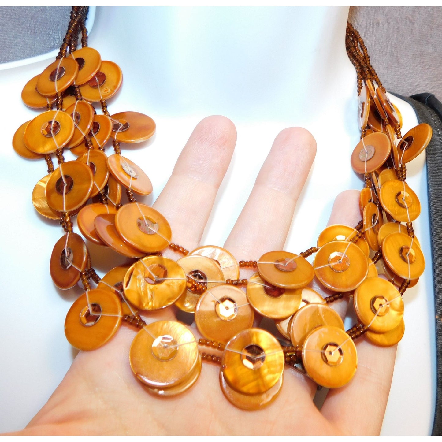 Vintage Bronze Tone Shell Disc Layered Necklace