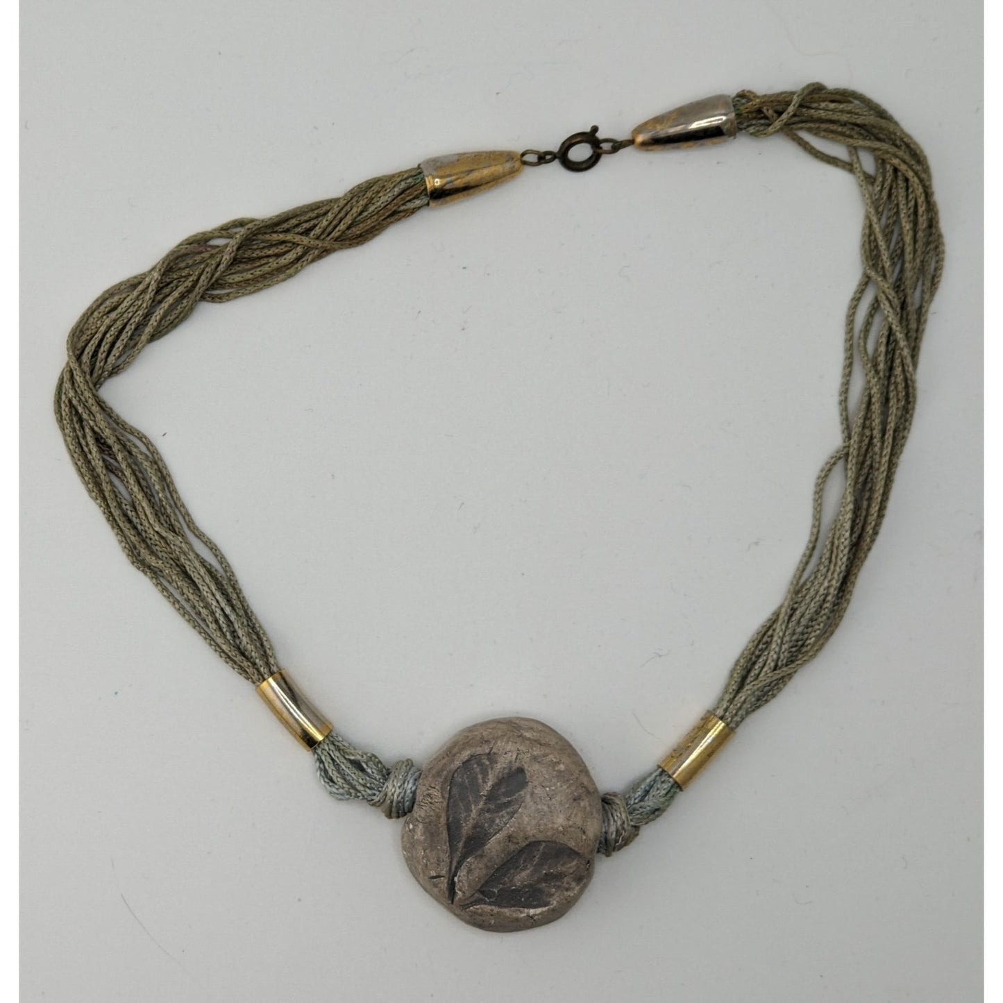 Handmade Fairycore Leaf Imprint Necklace With Cord & Brass Accents