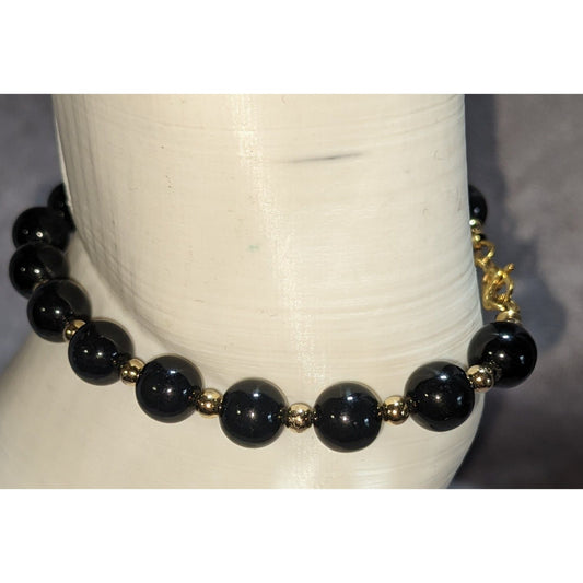 Glam Vintage Monet Black Beaded Bracelet Gold Tone Statement Jewelry