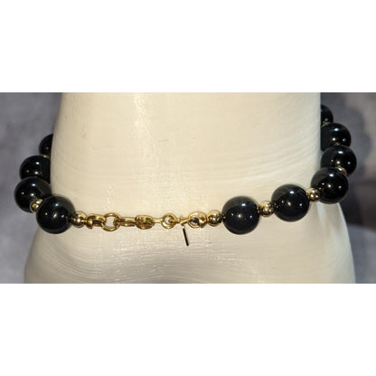 Glam Vintage Monet Black Beaded Bracelet Gold Tone Statement Jewelry