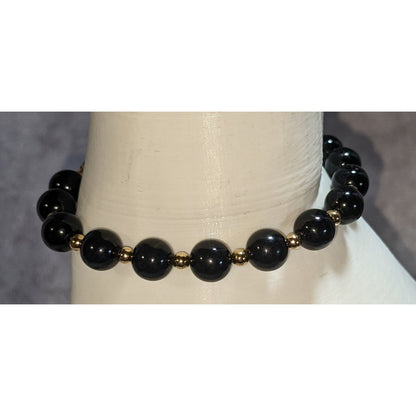 Glam Vintage Monet Black Beaded Bracelet Gold Tone Statement Jewelry