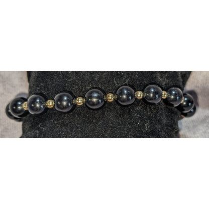 Glam Vintage Monet Black Beaded Bracelet Gold Tone Statement Jewelry