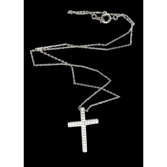 Elegant Gemmed Religious Silver Tone Cross Pendant Necklace
