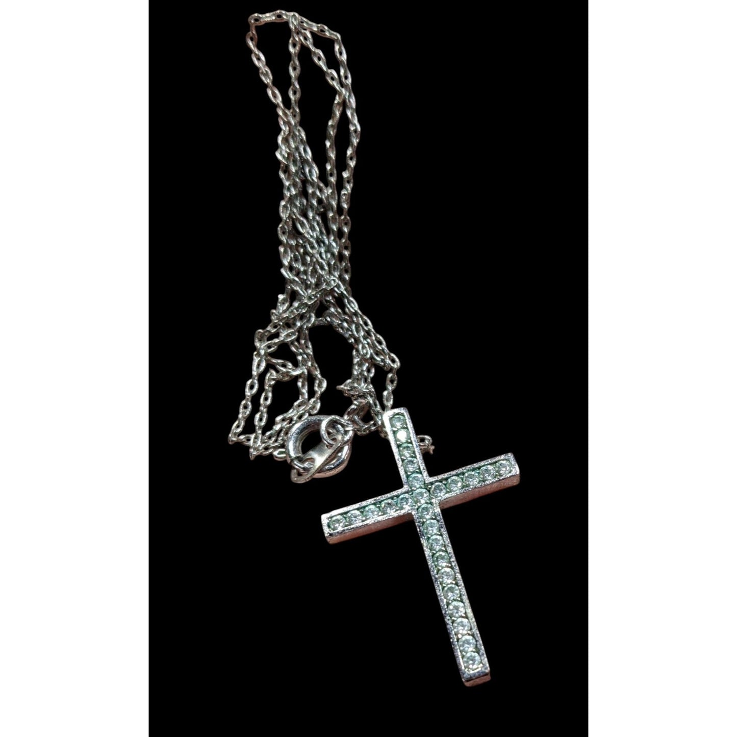 Elegant Gemmed Religious Silver Tone Cross Pendant Necklace