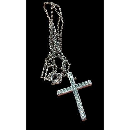 Elegant Gemmed Religious Silver Tone Cross Pendant Necklace