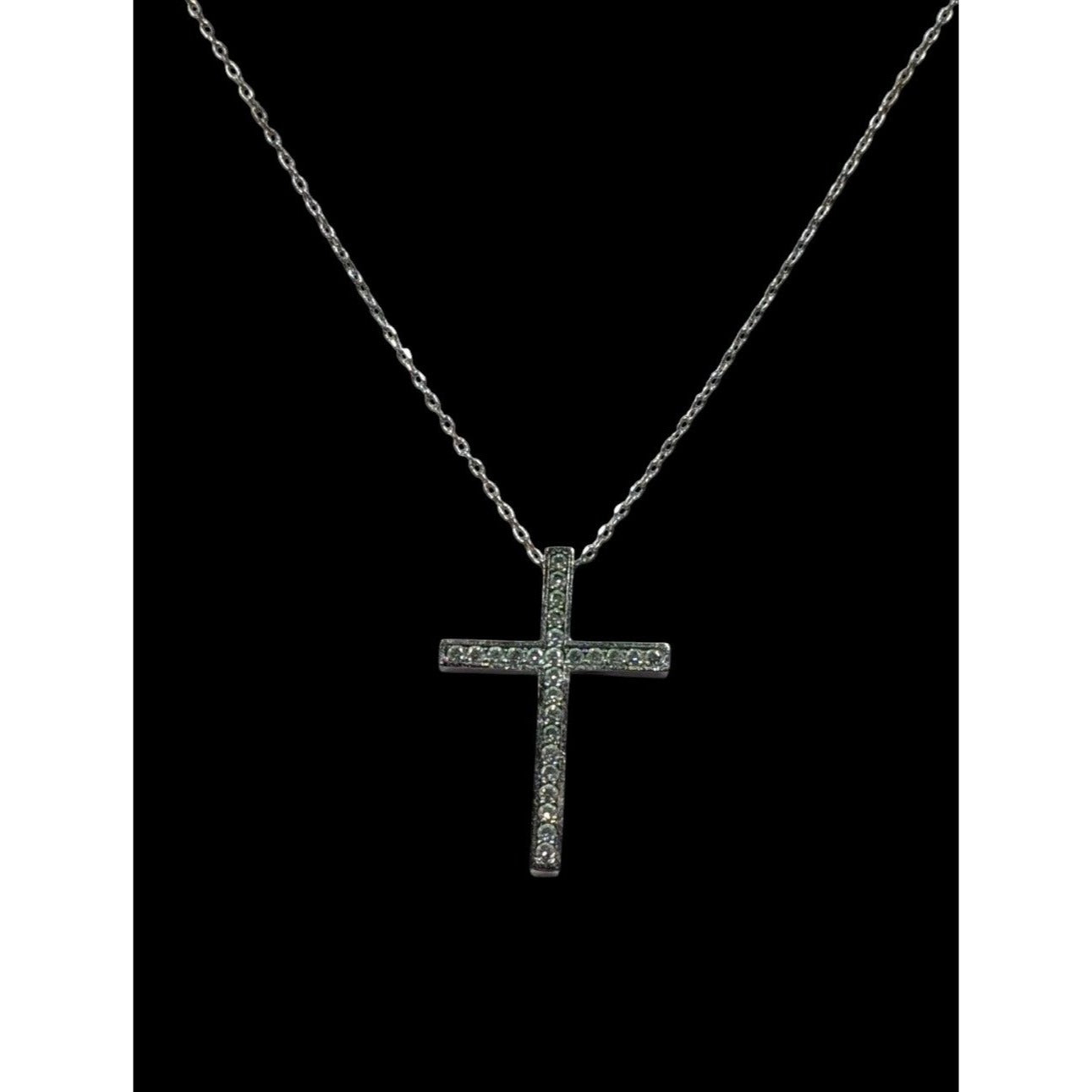 Elegant Gemmed Religious Silver Tone Cross Pendant Necklace