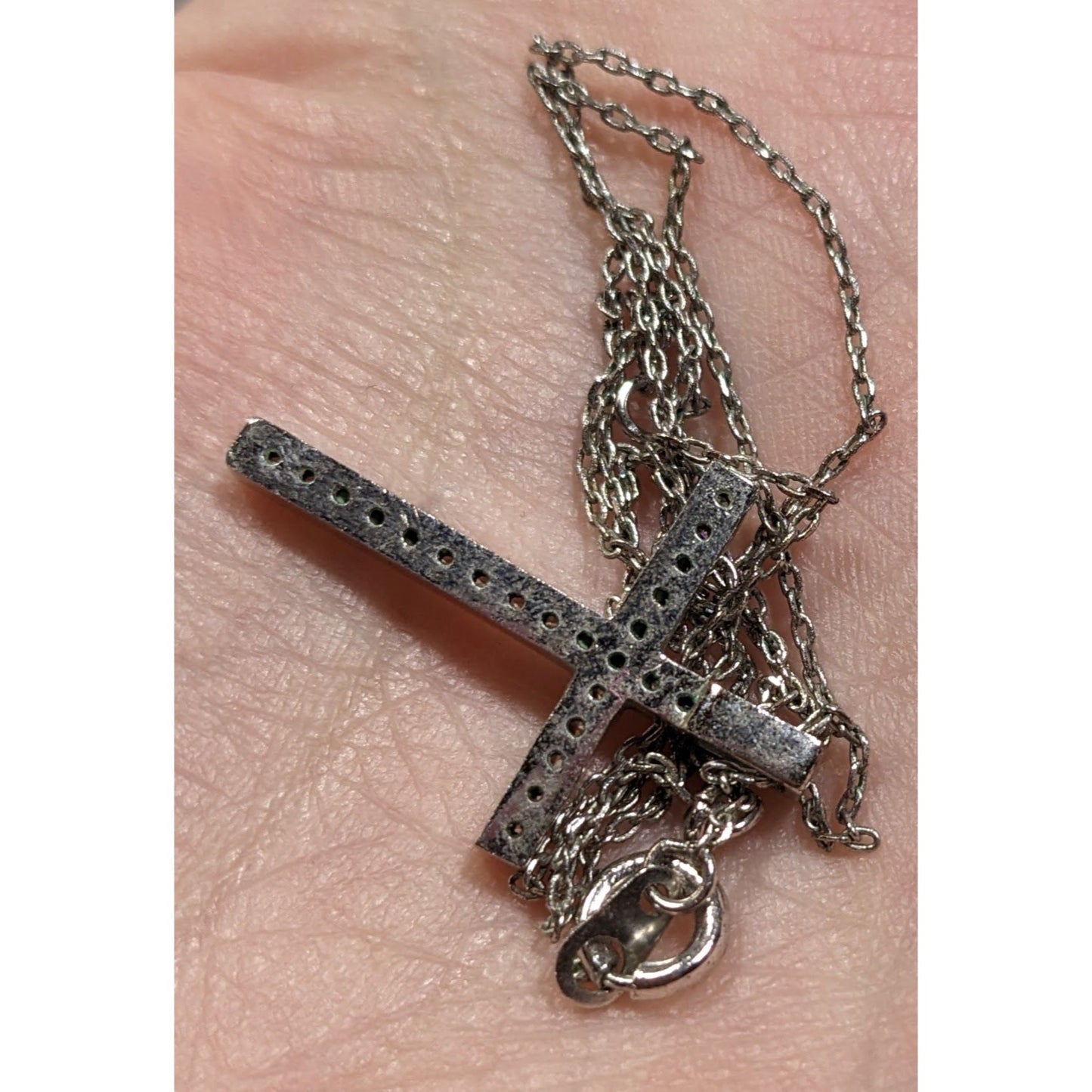 Elegant Gemmed Religious Silver Tone Cross Pendant Necklace